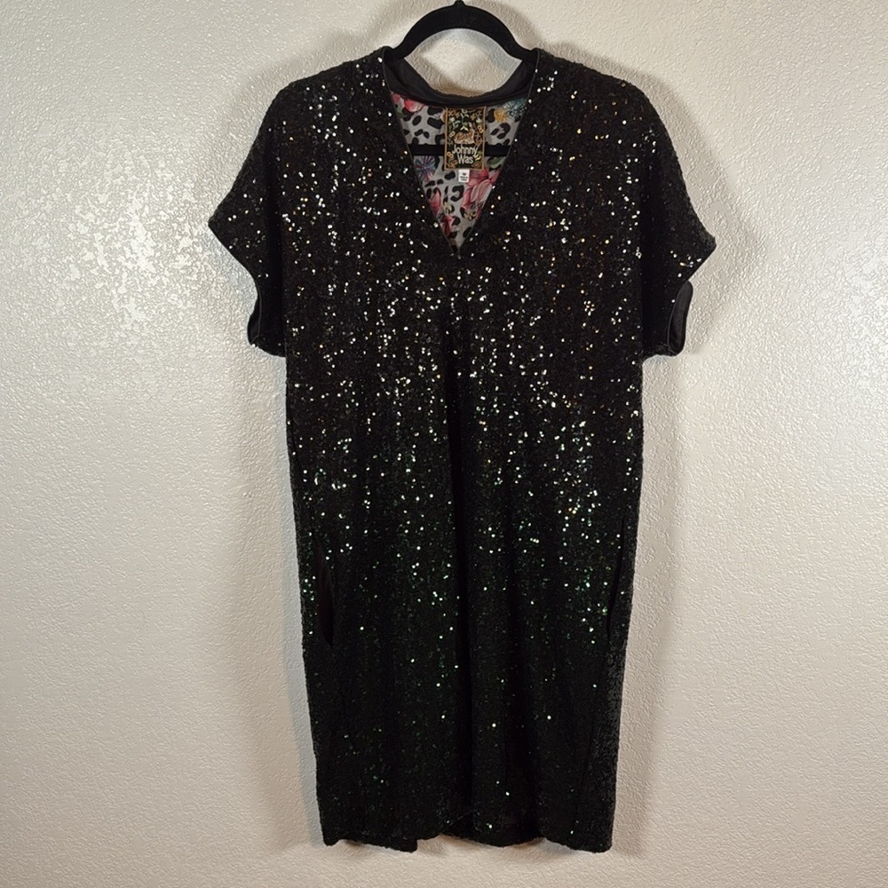 Johnny Was Ratana Ombre Black to Green Sequin Mini Dress with Pockets Size Med - Picture 3 of 10